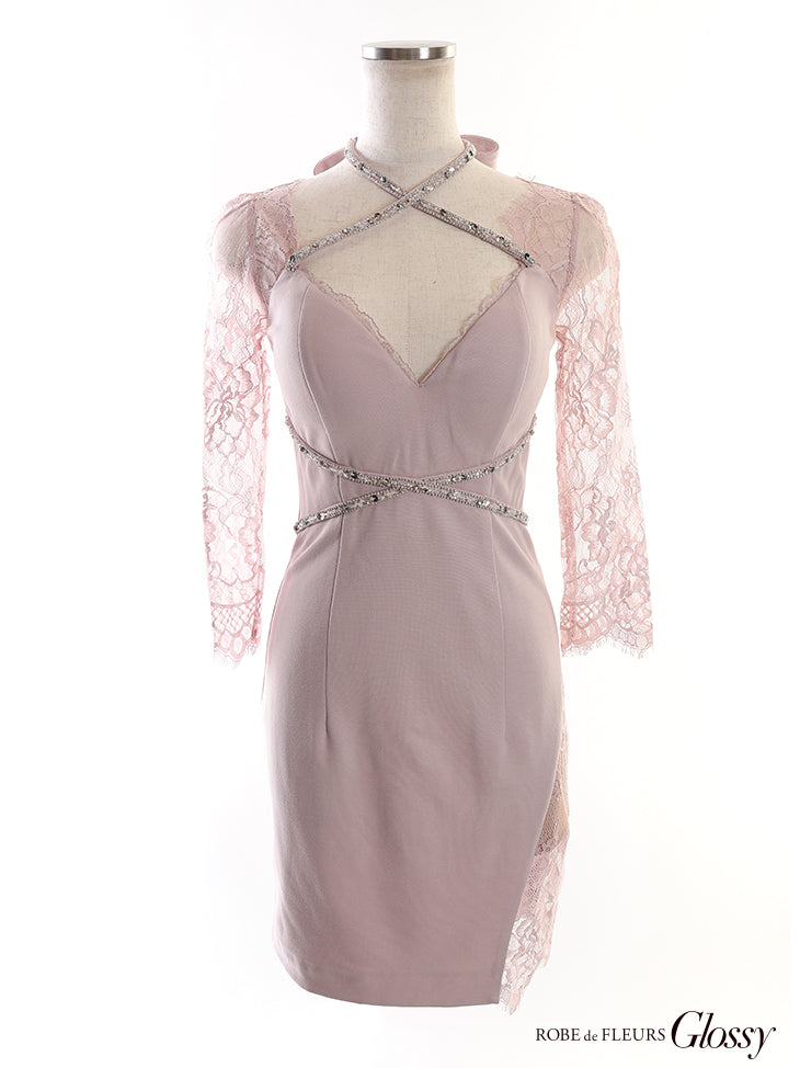 【XS～Lサイズあり】2WAYホルター×レーススリーブタイトミニキャバドレス(GL2520)