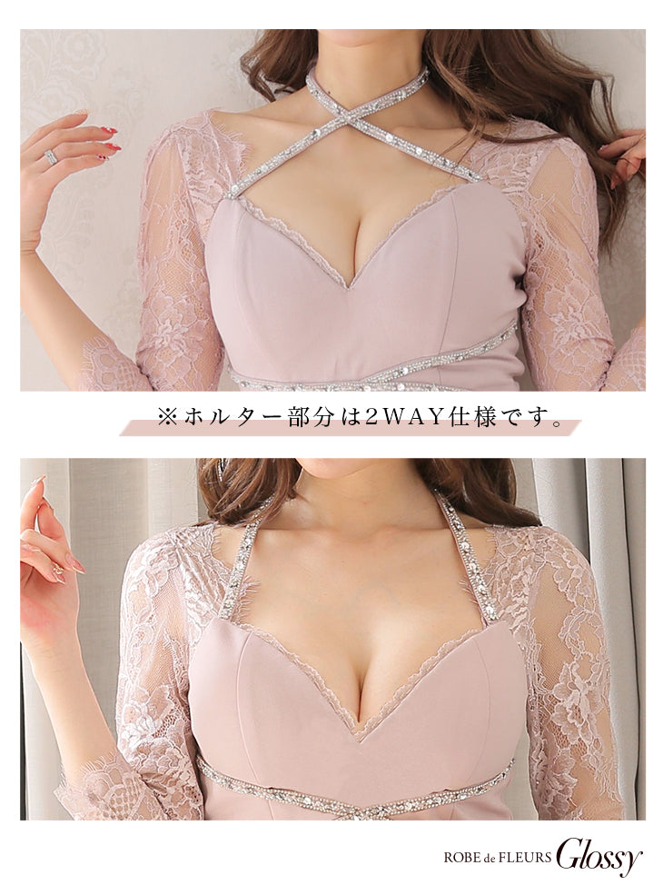 【XS～Lサイズあり】2WAYホルター×レーススリーブタイトミニキャバドレス(GL2520)