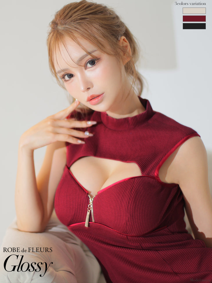 【XSサイズあり】フロントジッパーxリブニットノースリーブタイトキャバドレス【ストレッチあり】(GL2916)