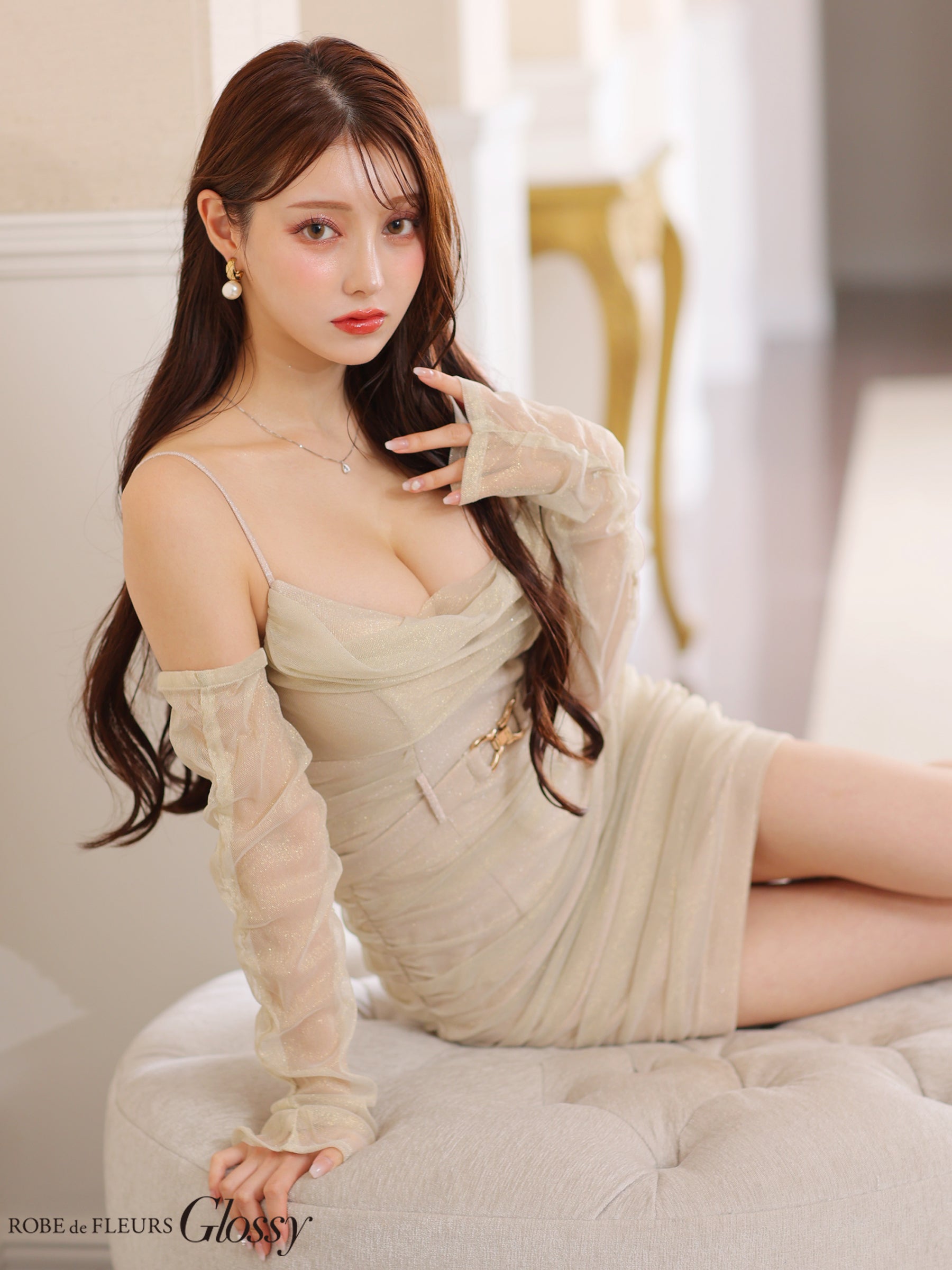 【XSサイズあり】袖取り外し可能♥ゴールドラメチュールベルトデザインタイトキャバドレス(GL3185)