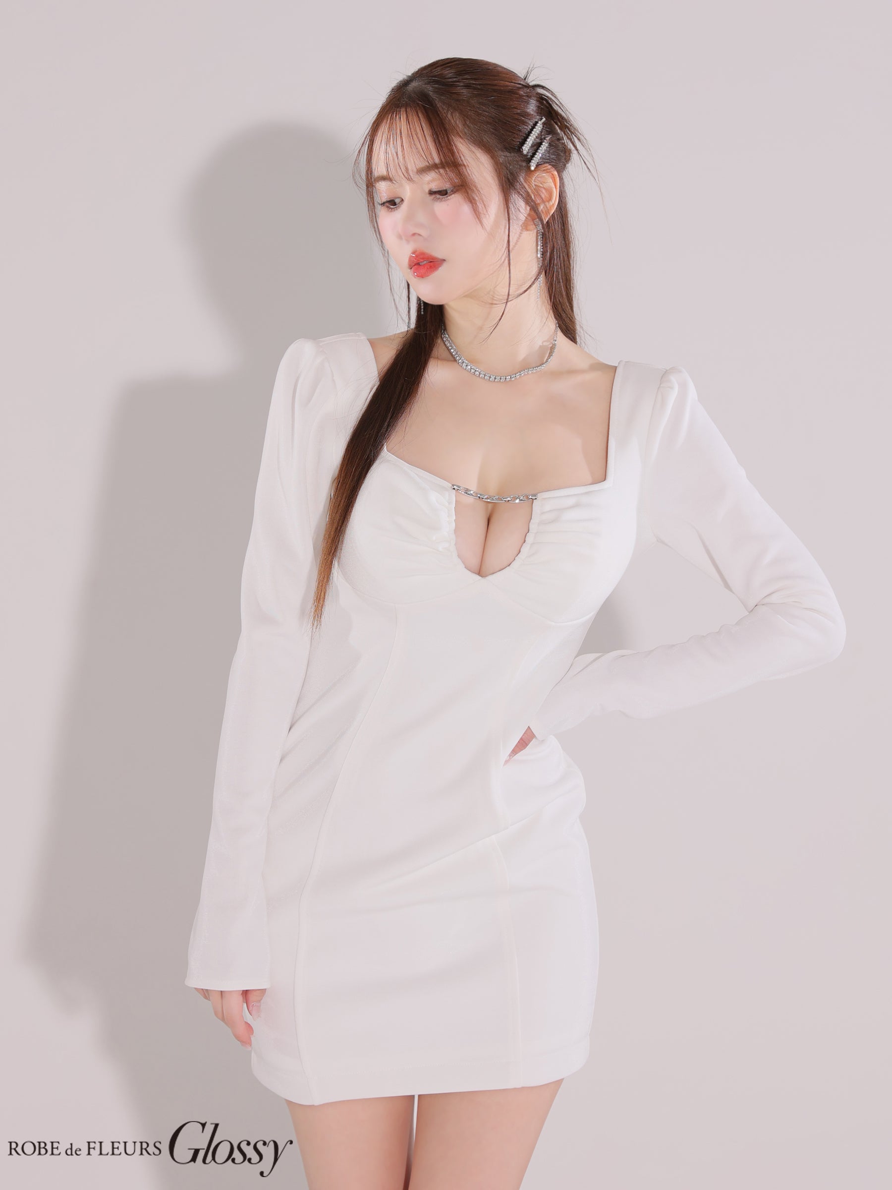 【XSサイズあり】ロングスリーブスクエアカットバックリボンミニキャバドレス(GL3195)