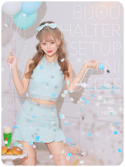 【XSサイズあり】ビジュー×ホルターセットアップミニキャバドレス(fm3202)