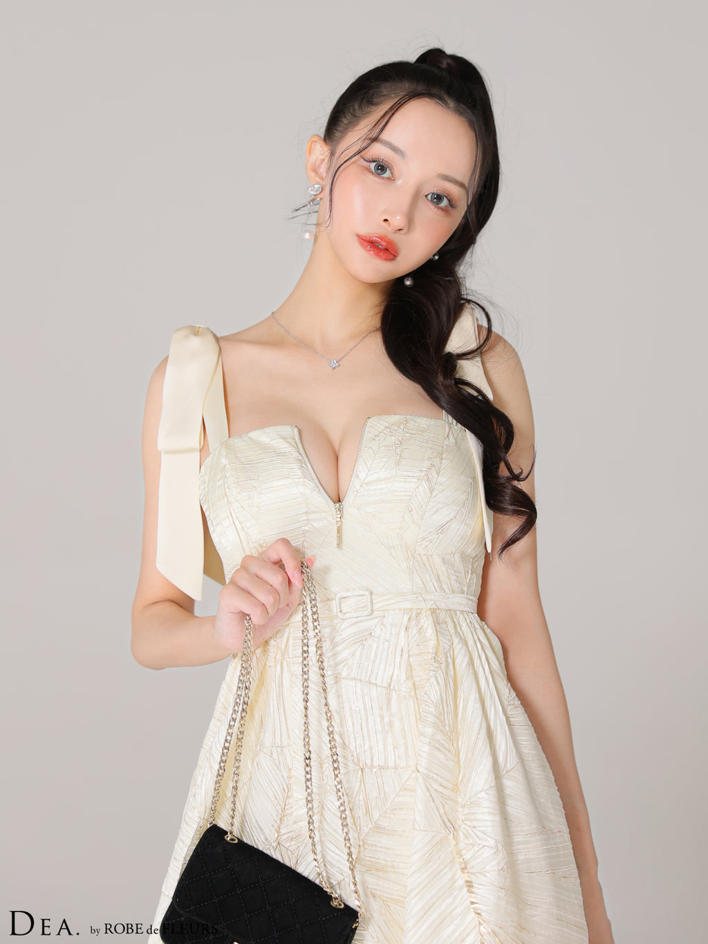 【Lサイズあり】ジャガードフレアサテンリボンロングキャバドレス(DE3268)