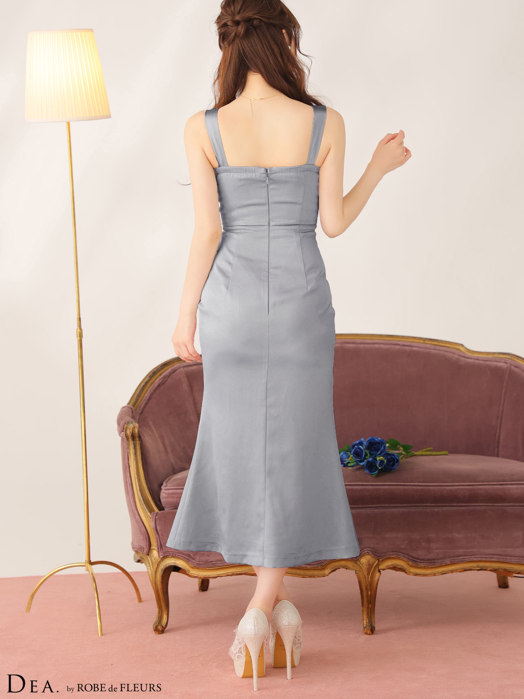 【Lサイズあり】フロントボタンノースリーブシンプルサテンロングキャバドレス(DE3274)