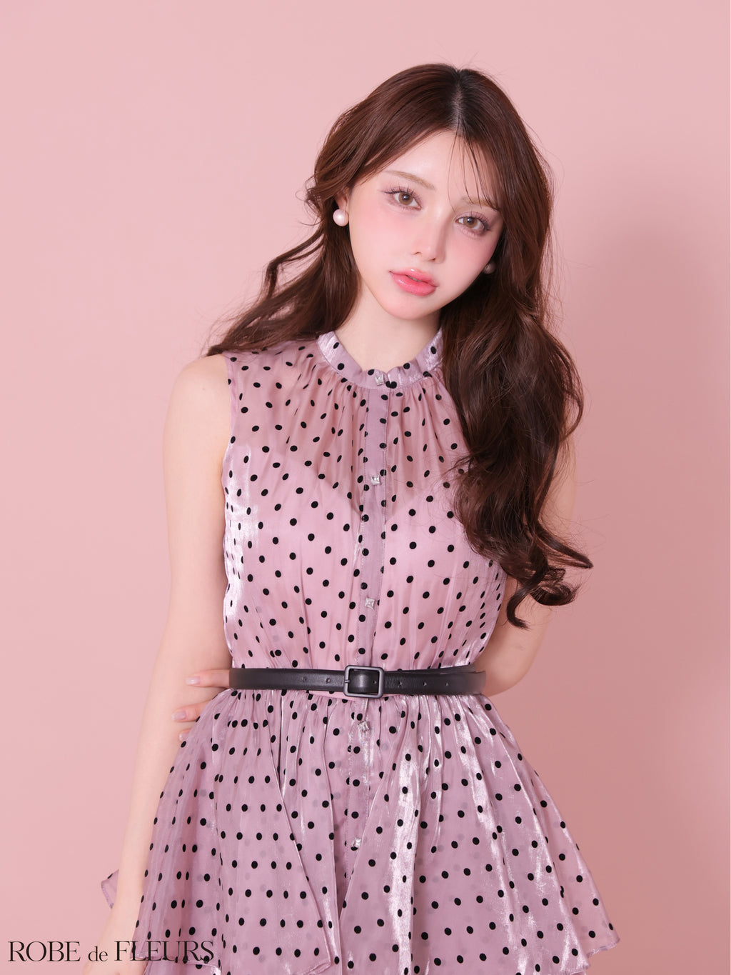 【XS～Lサイズあり】ベルト付きドットオーガンジーティアードロングキャバドレス(fm3281)