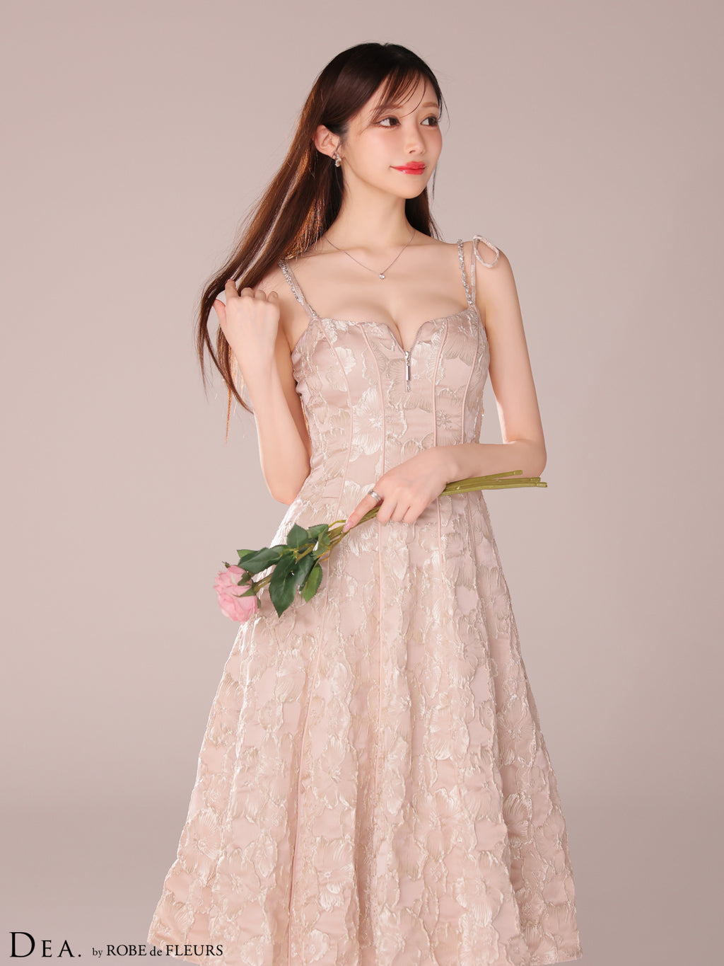 【Lサイズあり】花柄ジャガードパイピングミディキャバドレス(DE3282)