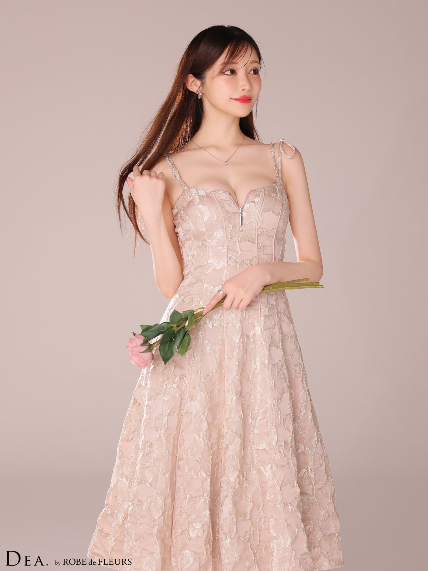 【Lサイズあり】花柄ジャガードパイピングミディキャバドレス(DE3282)
