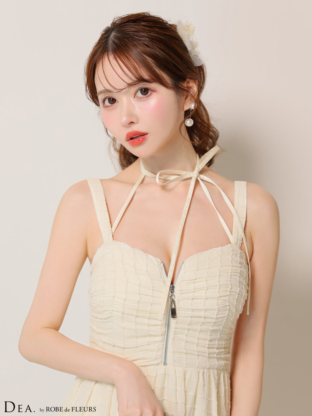 【Lサイズあり】ホルターリボン取り外し可能♡バストジップ刺繍レースフレアロングキャバドレス(DE3283)