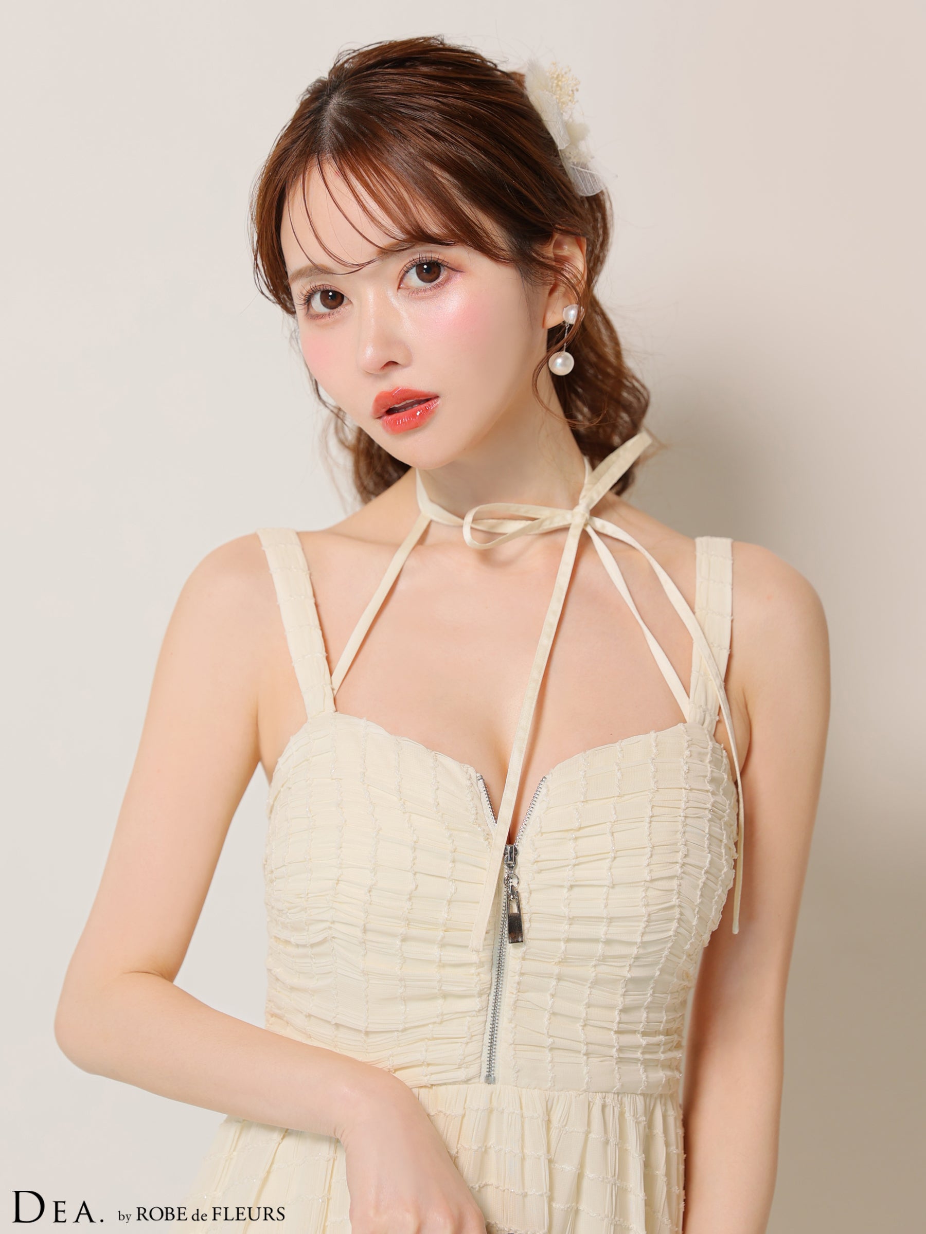 【Lサイズあり】ホルターリボン取り外し可能♡バストジップ刺繍レースフレアロングキャバドレス(DE3283)