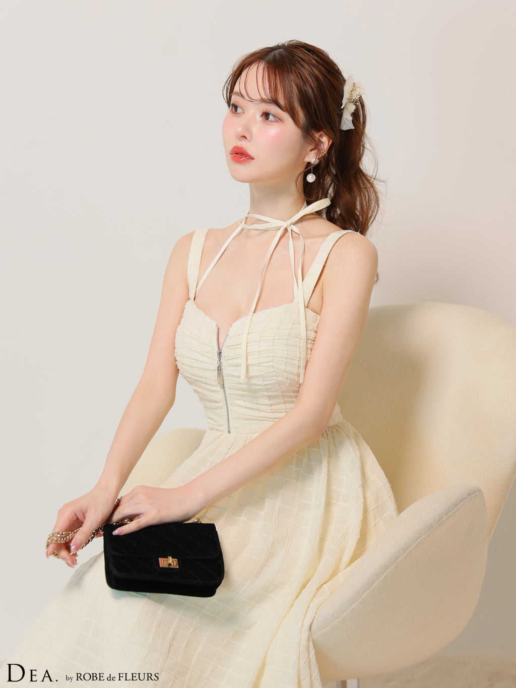 【Lサイズあり】ホルターリボン取り外し可能♡バストジップ刺繍レースフレアロングキャバドレス(DE3283)