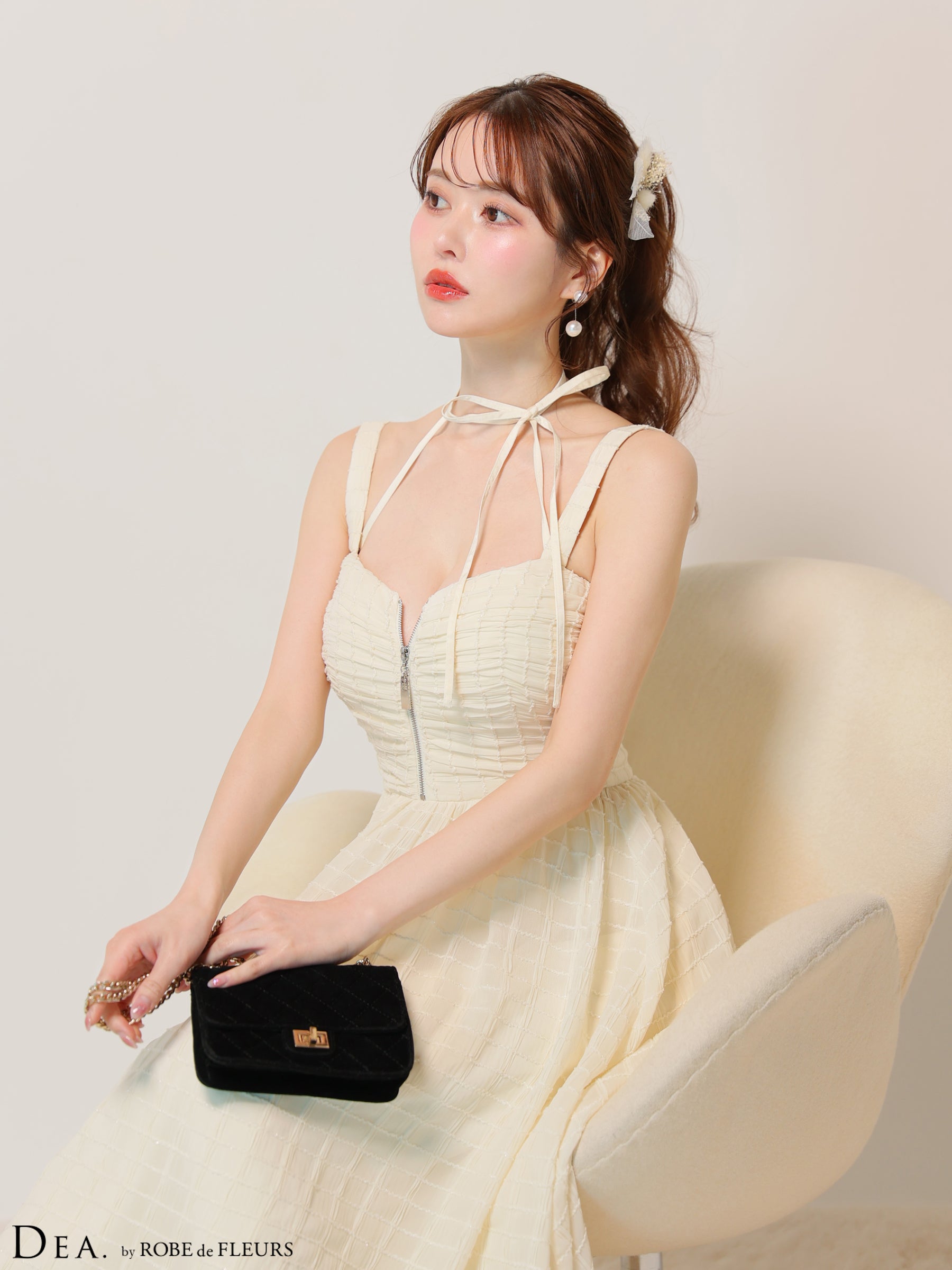 【Lサイズあり】ホルターリボン取り外し可能♡バストジップ刺繍レースフレアロングキャバドレス(DE3283)
