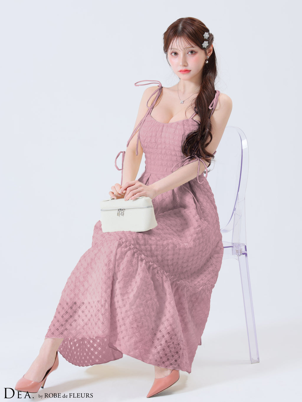 【Lサイズあり】オフショルリボンシフォンオーガンジーフレアロングキャバドレス(DE3291)