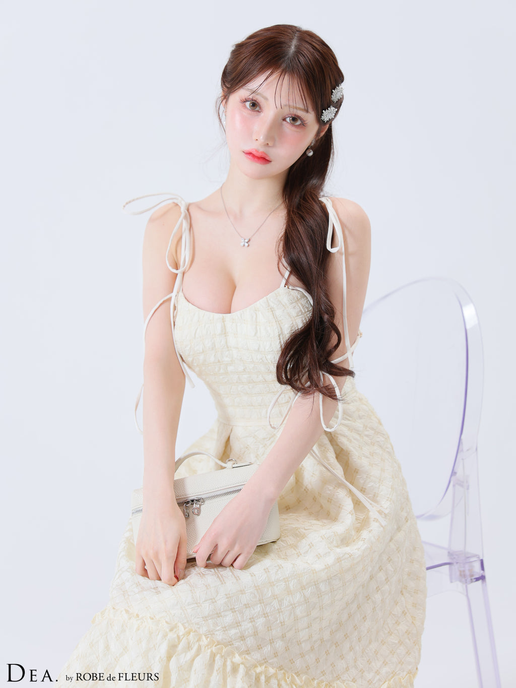 【Lサイズあり】オフショルリボンシフォンオーガンジーフレアロングキャバドレス(DE3291)