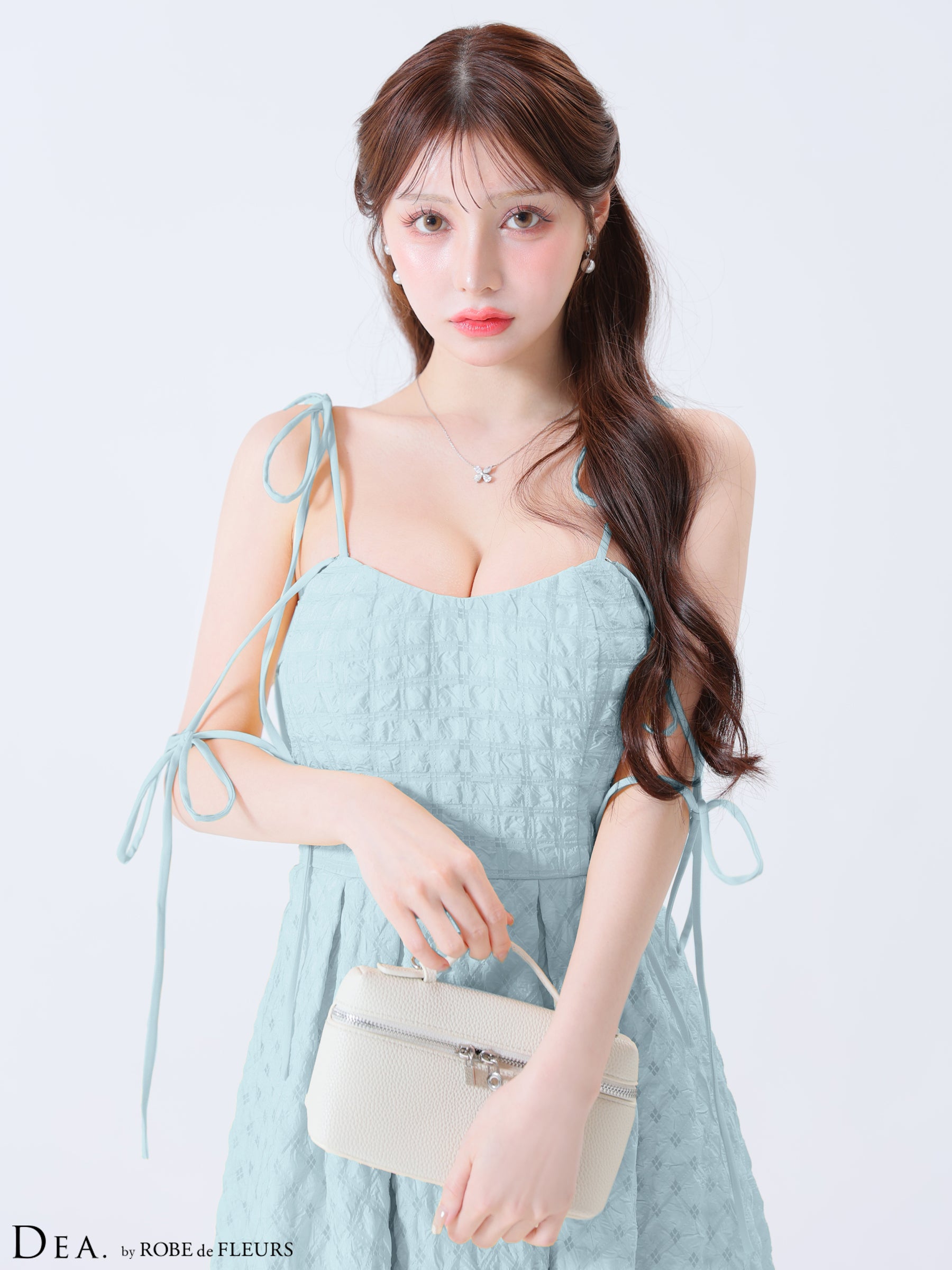 【Lサイズあり】オフショルリボンシフォンオーガンジーフレアロングキャバドレス(DE3291)