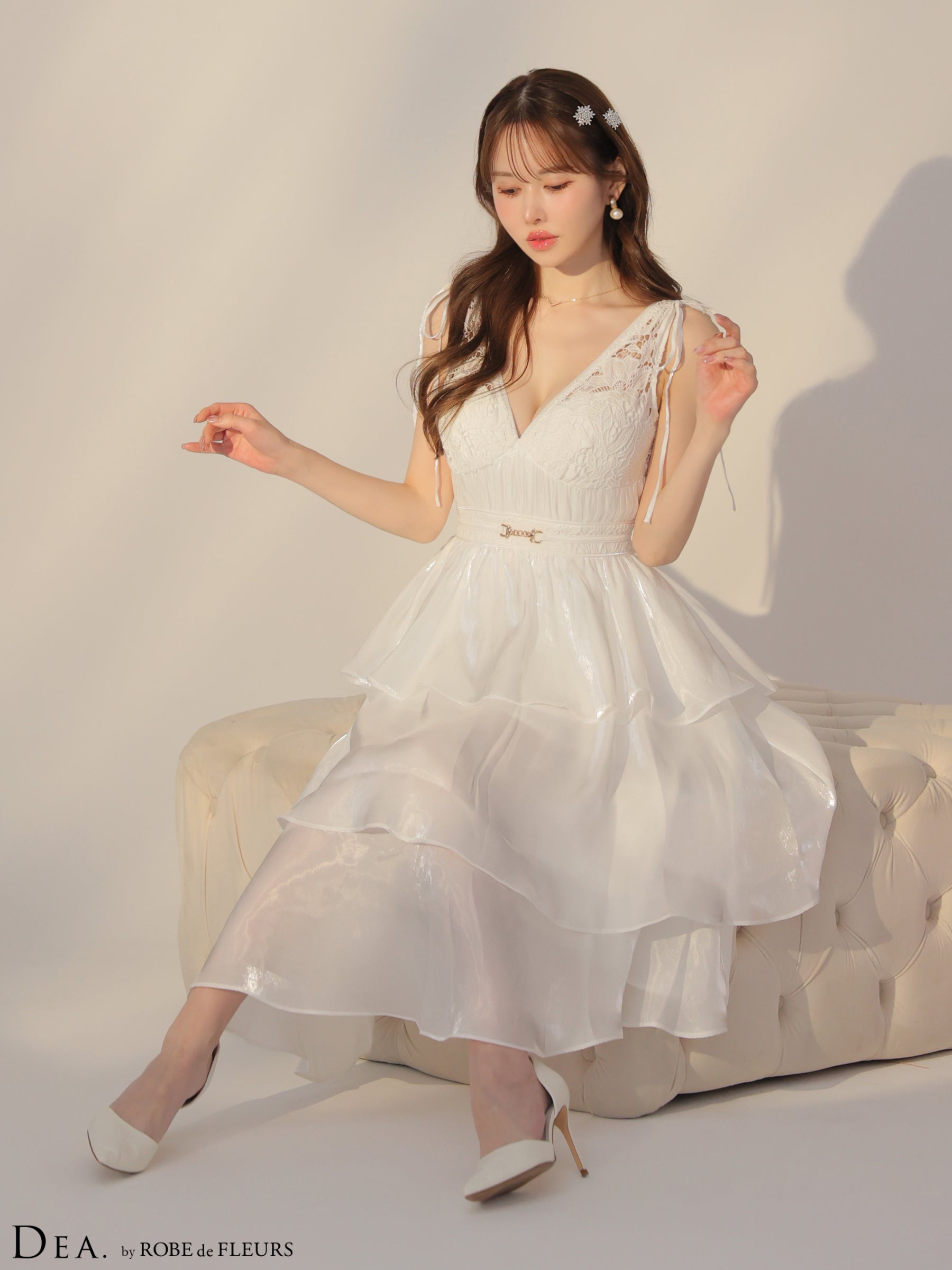 【Lサイズあり】ティアードシフォンレースフレアロングキャバドレス(DE3292)