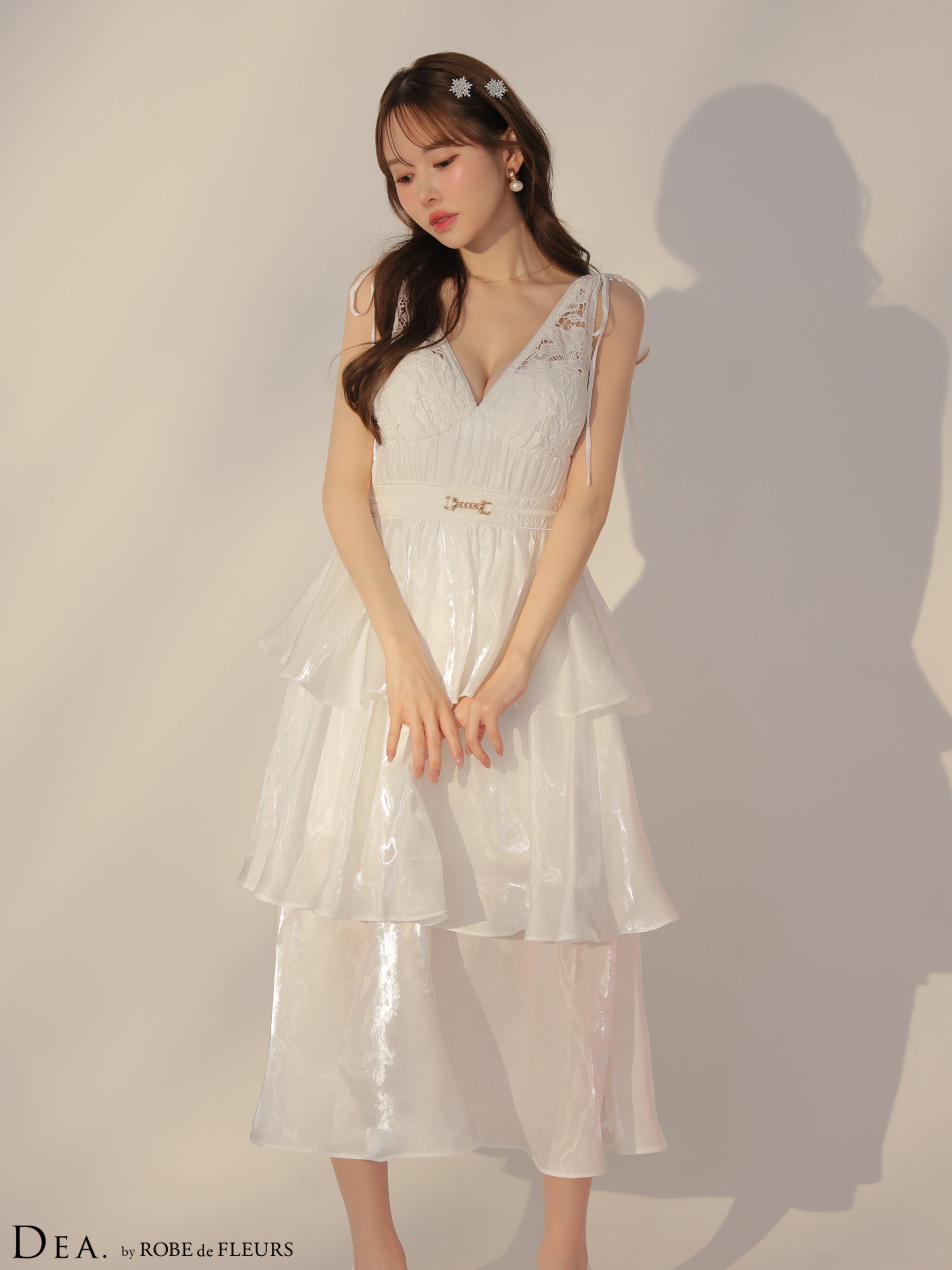 【Lサイズあり】ティアードシフォンレースフレアロングキャバドレス(DE3292)