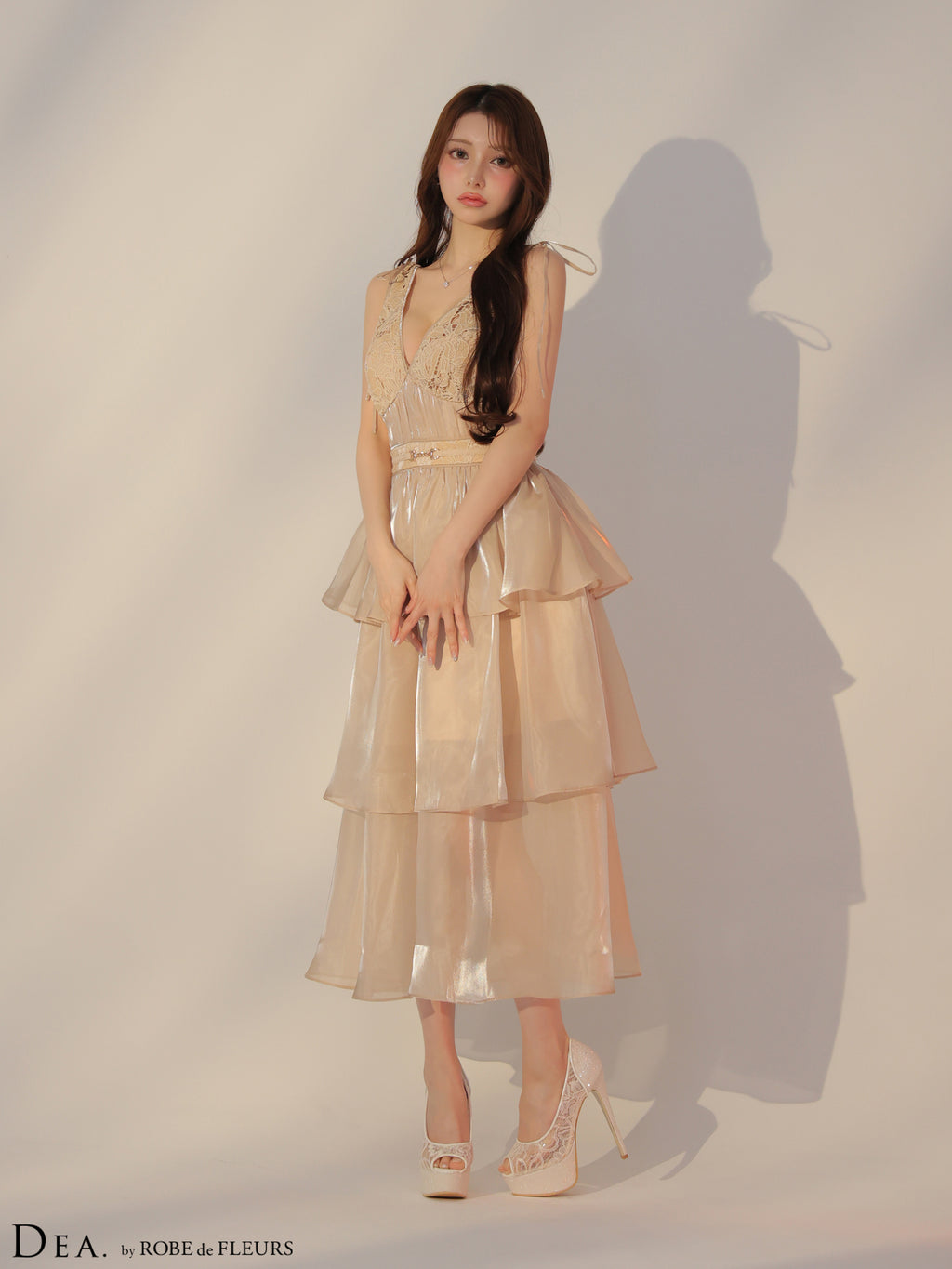 【Lサイズあり】ティアードシフォンレースフレアロングキャバドレス(DE3292)