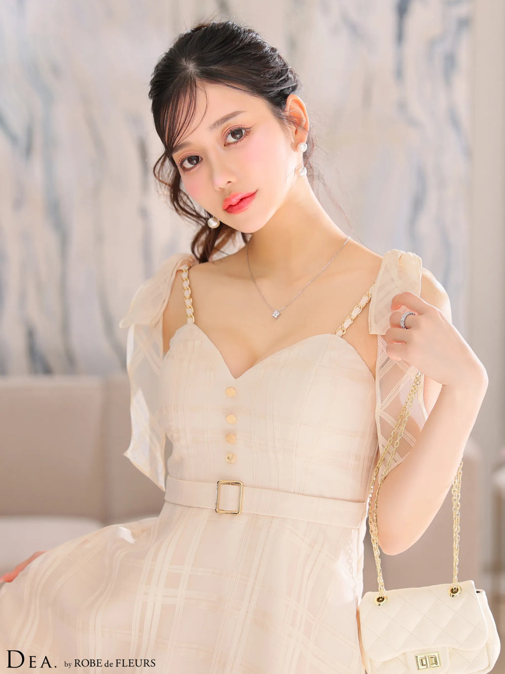 肩リボン×チェック柄オーガンジーフレアロングキャミキャバドレス(DE3346)