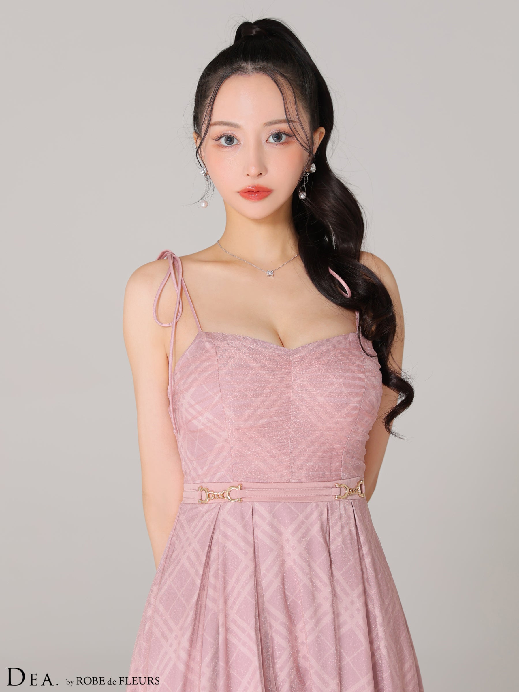 【Lサイズあり】チュールチェックベルトデザインキャミロングキャバドレス(DE3347)