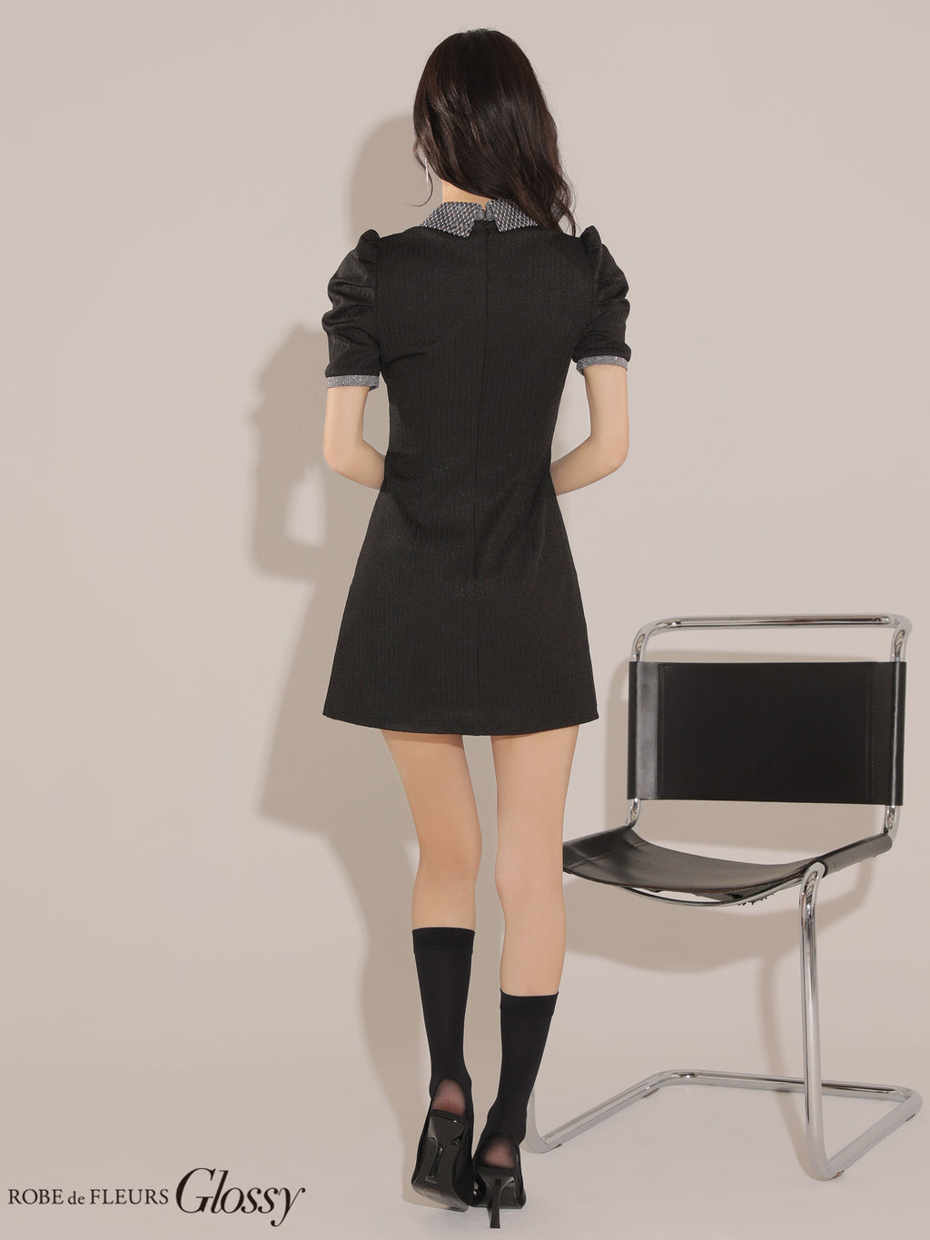 【XS~Lサイズあり】襟付きラメニットパイピングミニキャバドレス(GL3349)