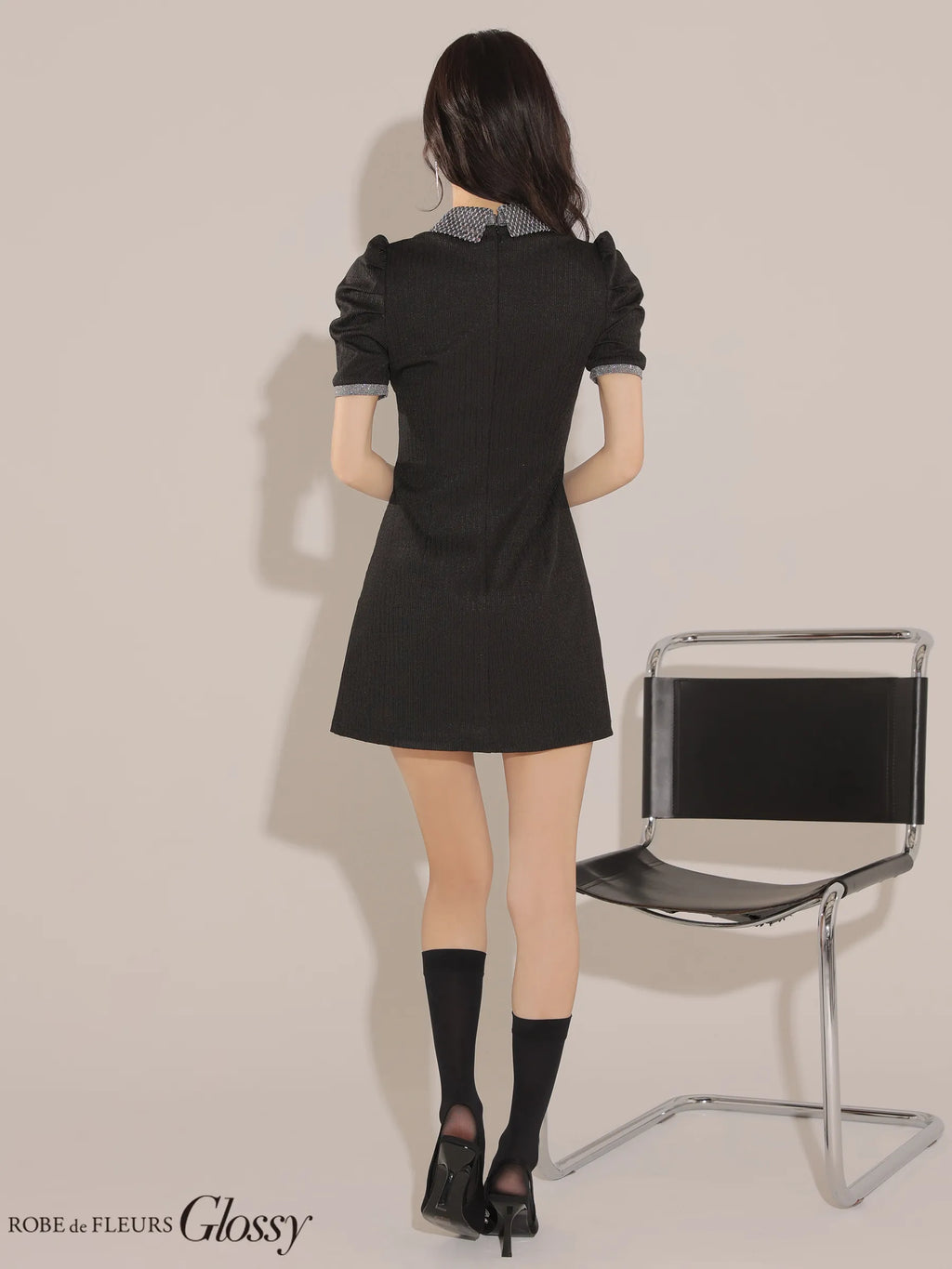 襟付きラメニットパイピングミニキャバドレス(GL3349)