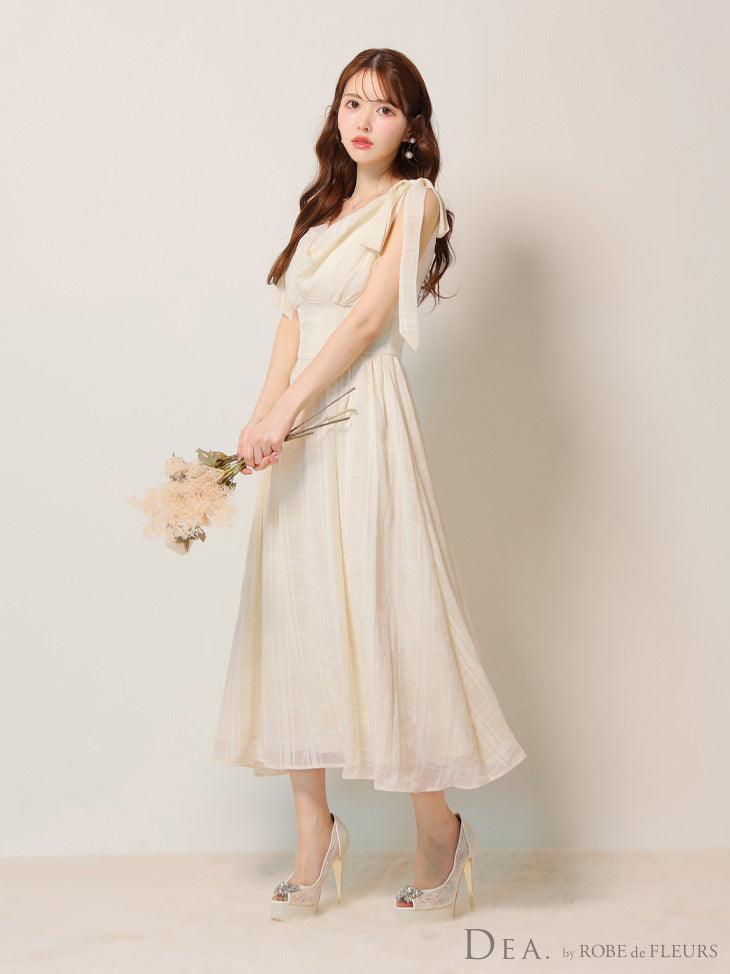 【Lサイズあり】チェックシフォンショルダーリボンフレアロングキャバドレス(DE3368)