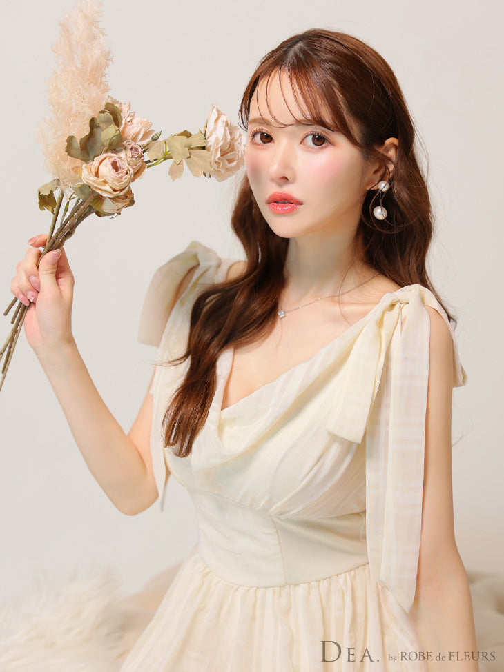 【Lサイズあり】チェックシフォンショルダーリボンフレアロングキャバドレス(DE3368)