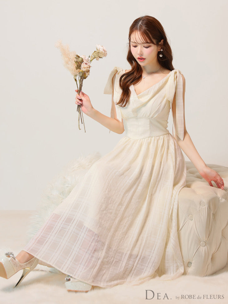 【Lサイズあり】チェックシフォンショルダーリボンフレアロングキャバドレス(DE3368)