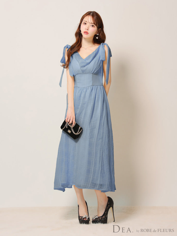 【Lサイズあり】チェックシフォンショルダーリボンフレアロングキャバドレス(DE3368)