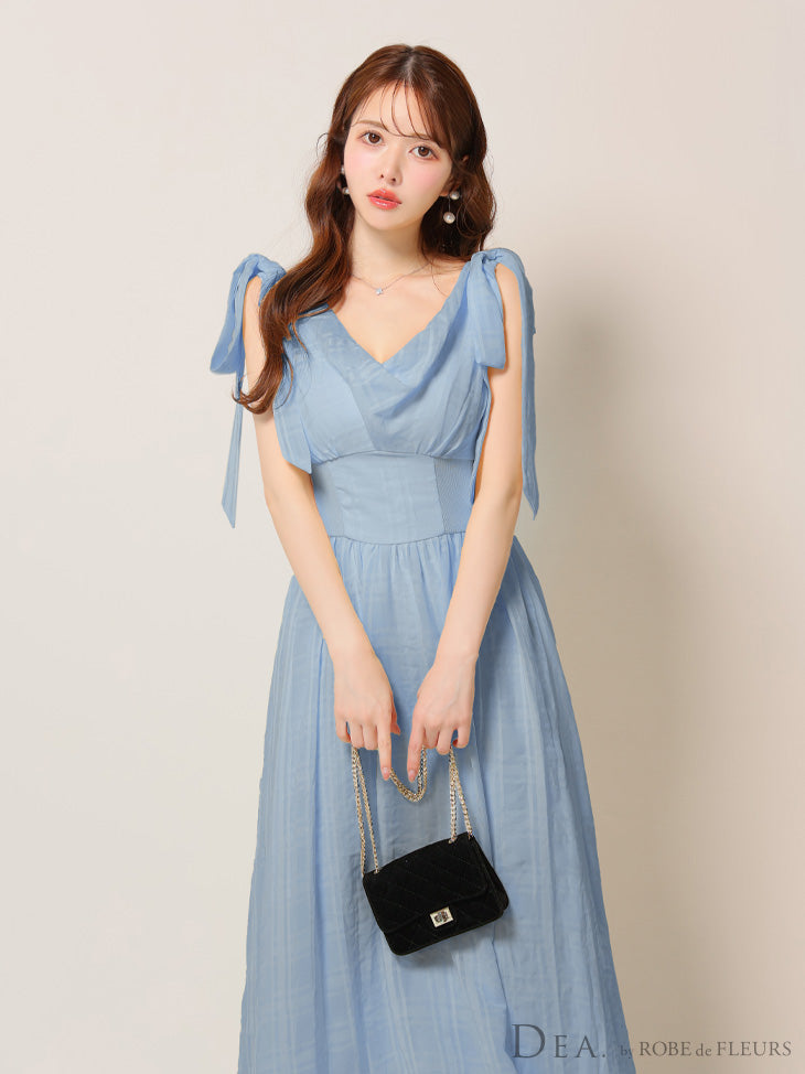 【Lサイズあり】チェックシフォンショルダーリボンフレアロングキャバドレス(DE3368)