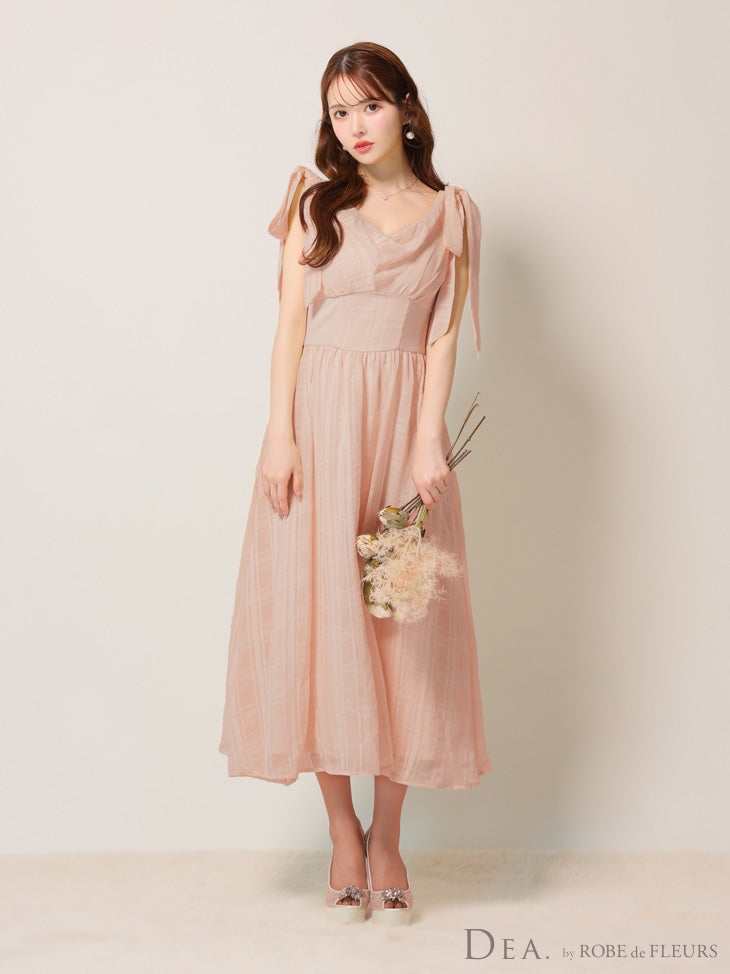 【Lサイズあり】チェックシフォンショルダーリボンフレアロングキャバドレス(DE3368)