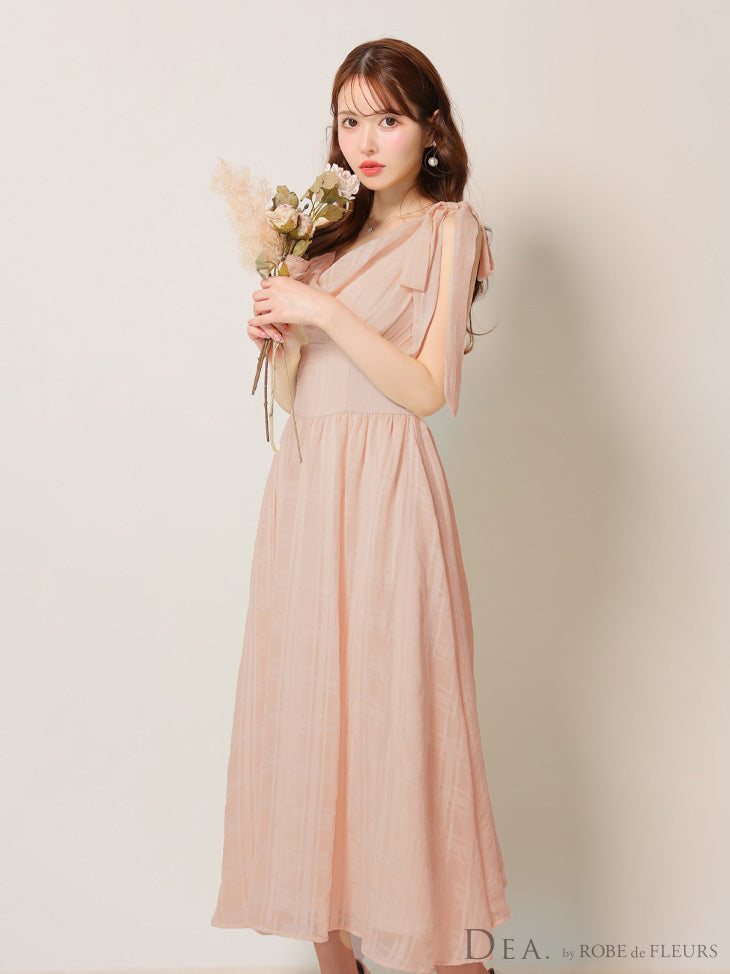 【Lサイズあり】チェックシフォンショルダーリボンフレアロングキャバドレス(DE3368)