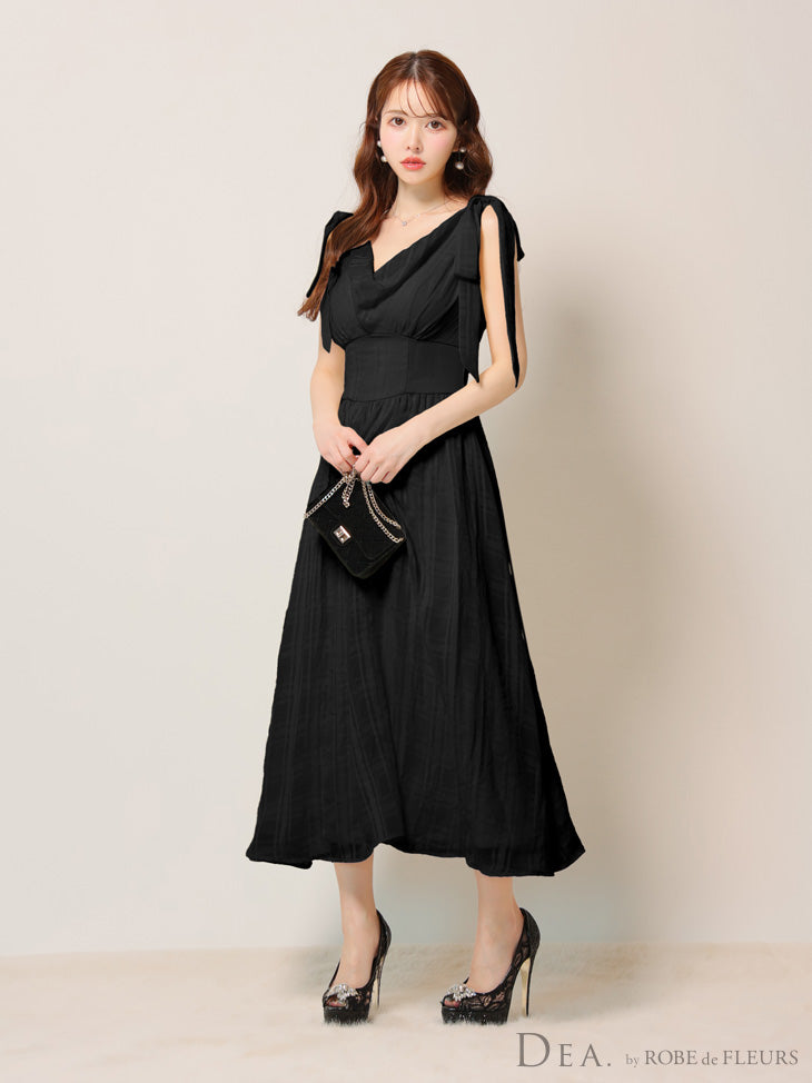 【Lサイズあり】チェックシフォンショルダーリボンフレアロングキャバドレス(DE3368)