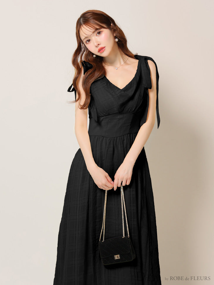 【Lサイズあり】チェックシフォンショルダーリボンフレアロングキャバドレス(DE3368)