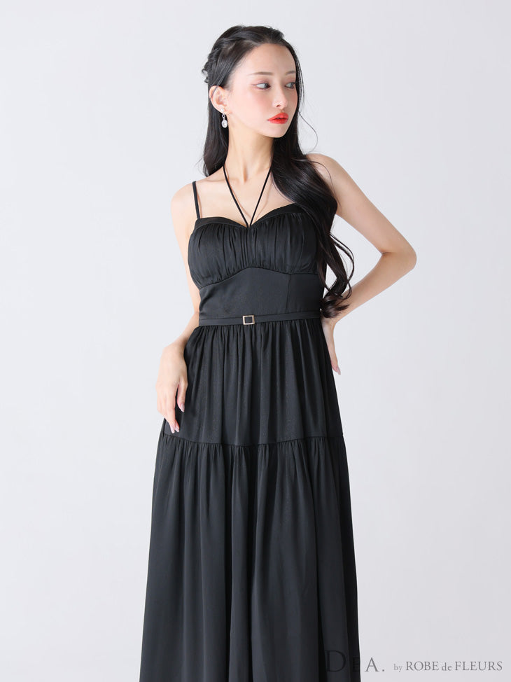 【Lサイズあり】ラメシフォンフレアロングキャミキャバドレス(DE3374)