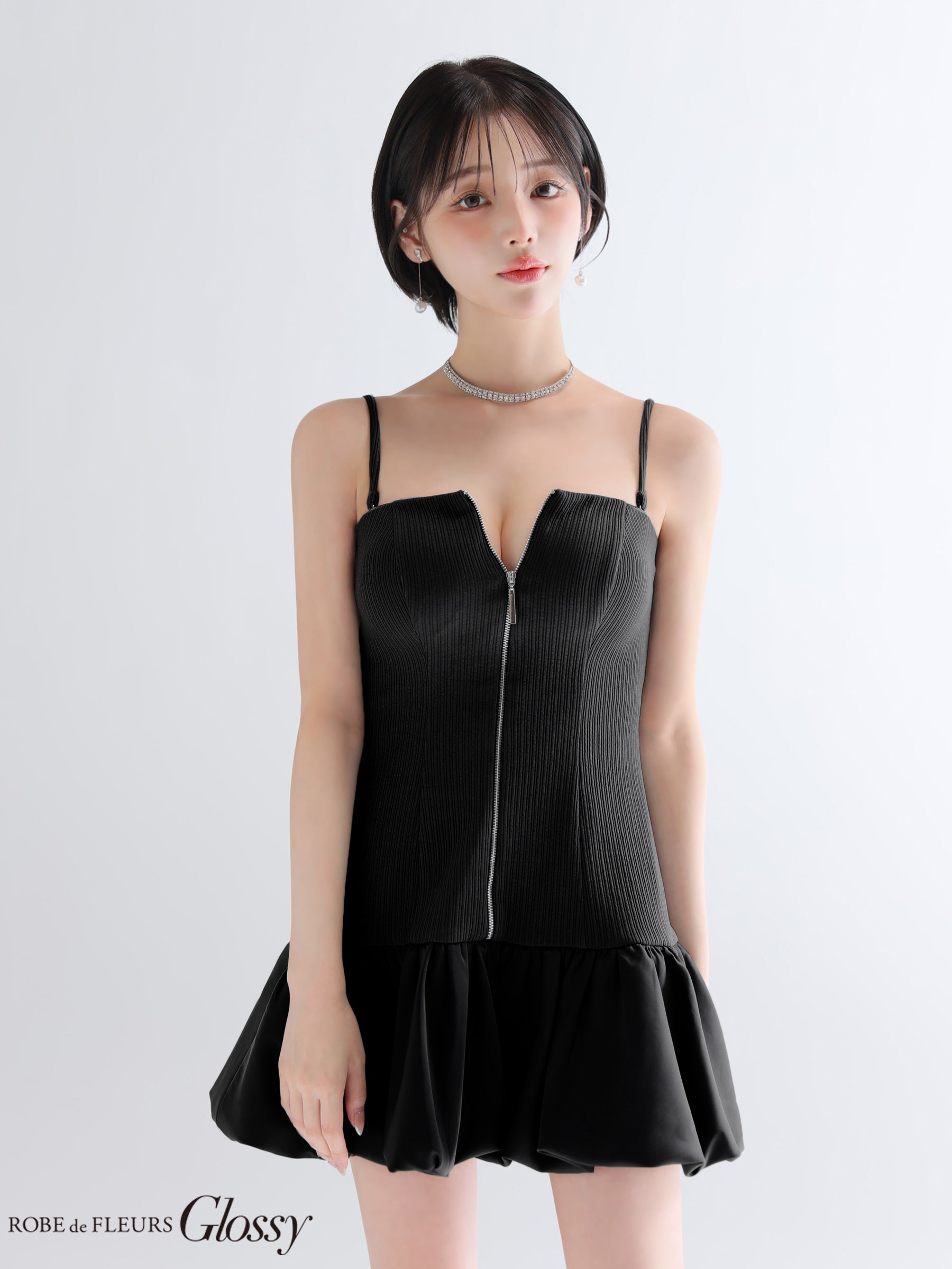 【XSサイズあり】センタージップリブバルーンミニキャバドレス(GL3385)