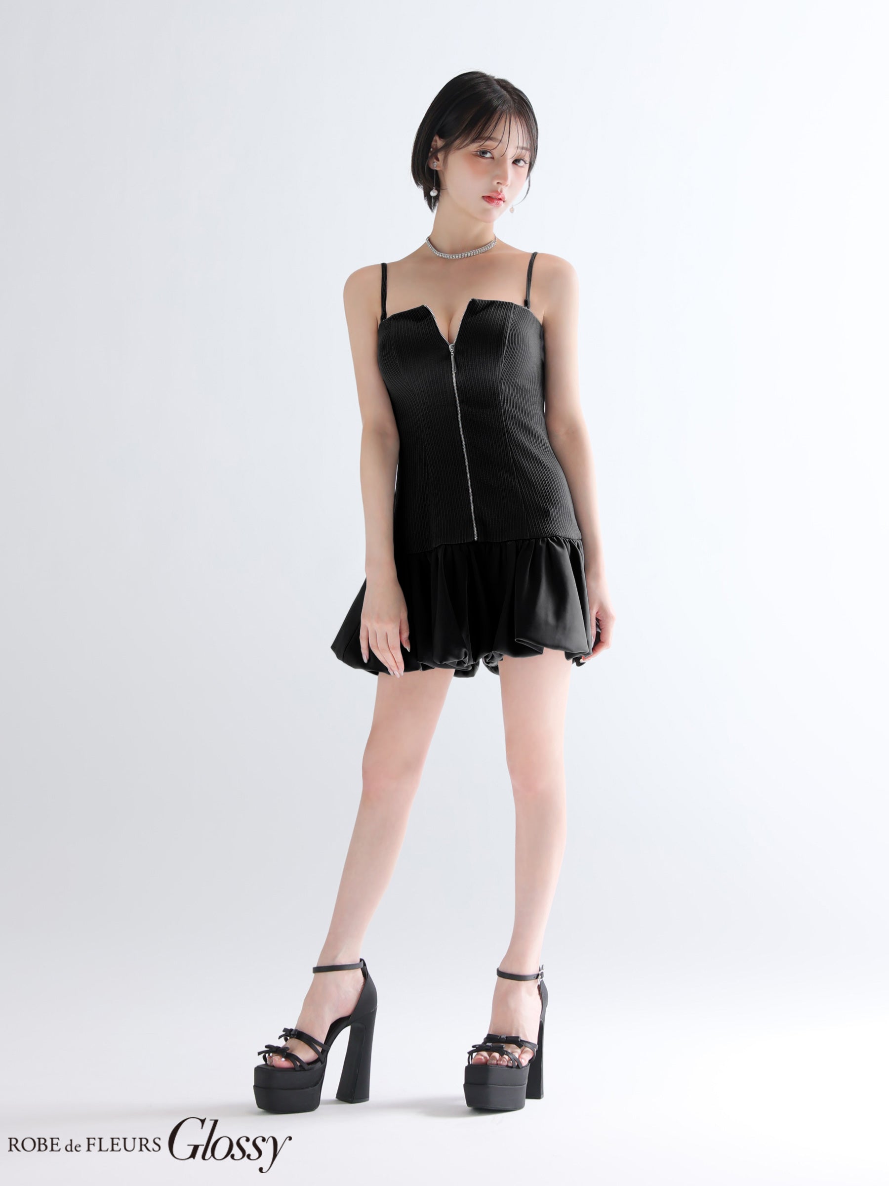 【XSサイズあり】センタージップリブバルーンミニキャバドレス(GL3385)