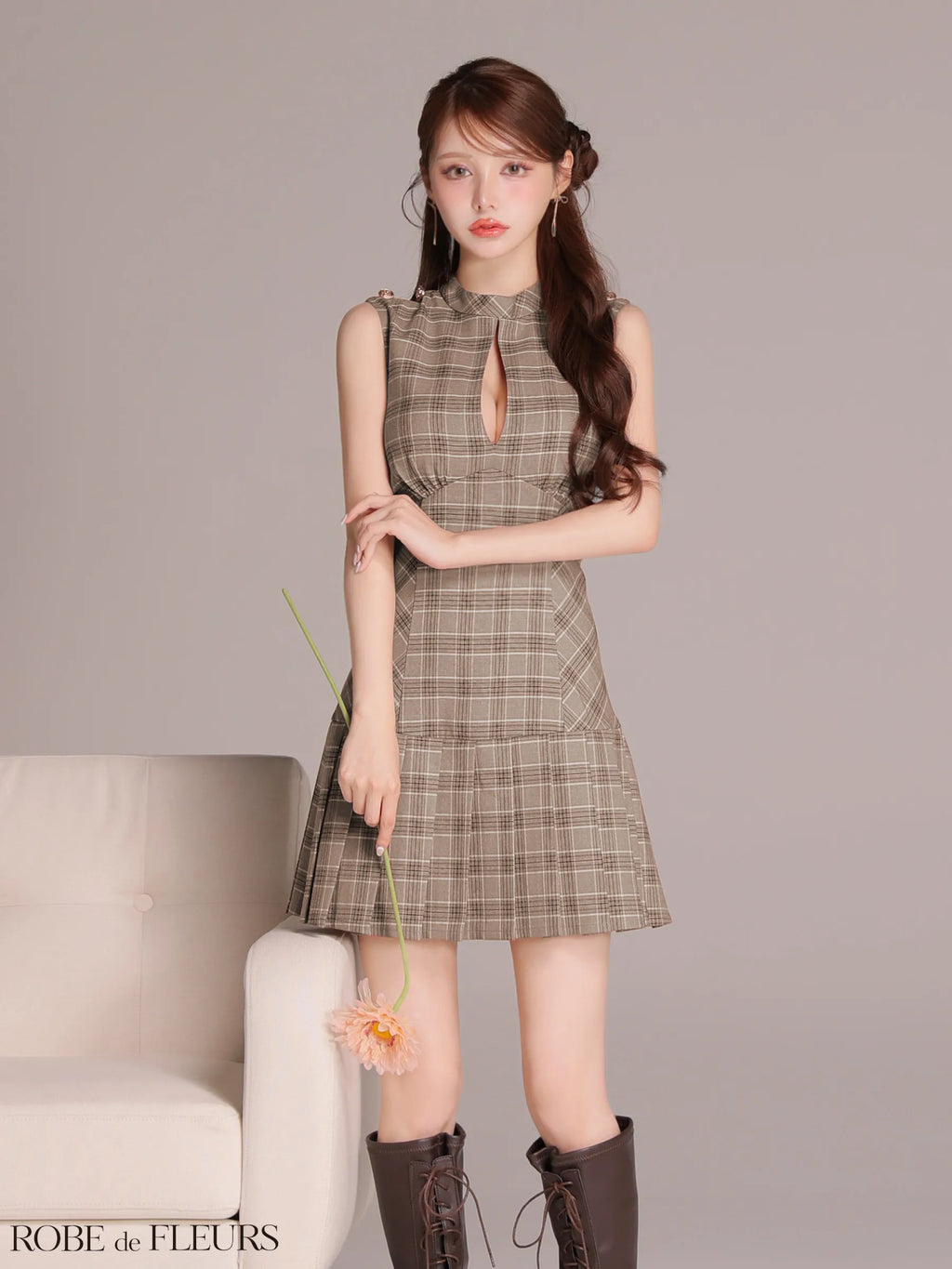 クラシカルチェックツイルプリーツミニキャバドレス(fm3389)