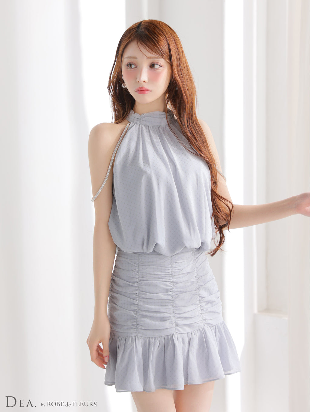 【XS～Lサイズあり】ドットシフォンホルターネックフレアミニキャバドレス(DE3392)