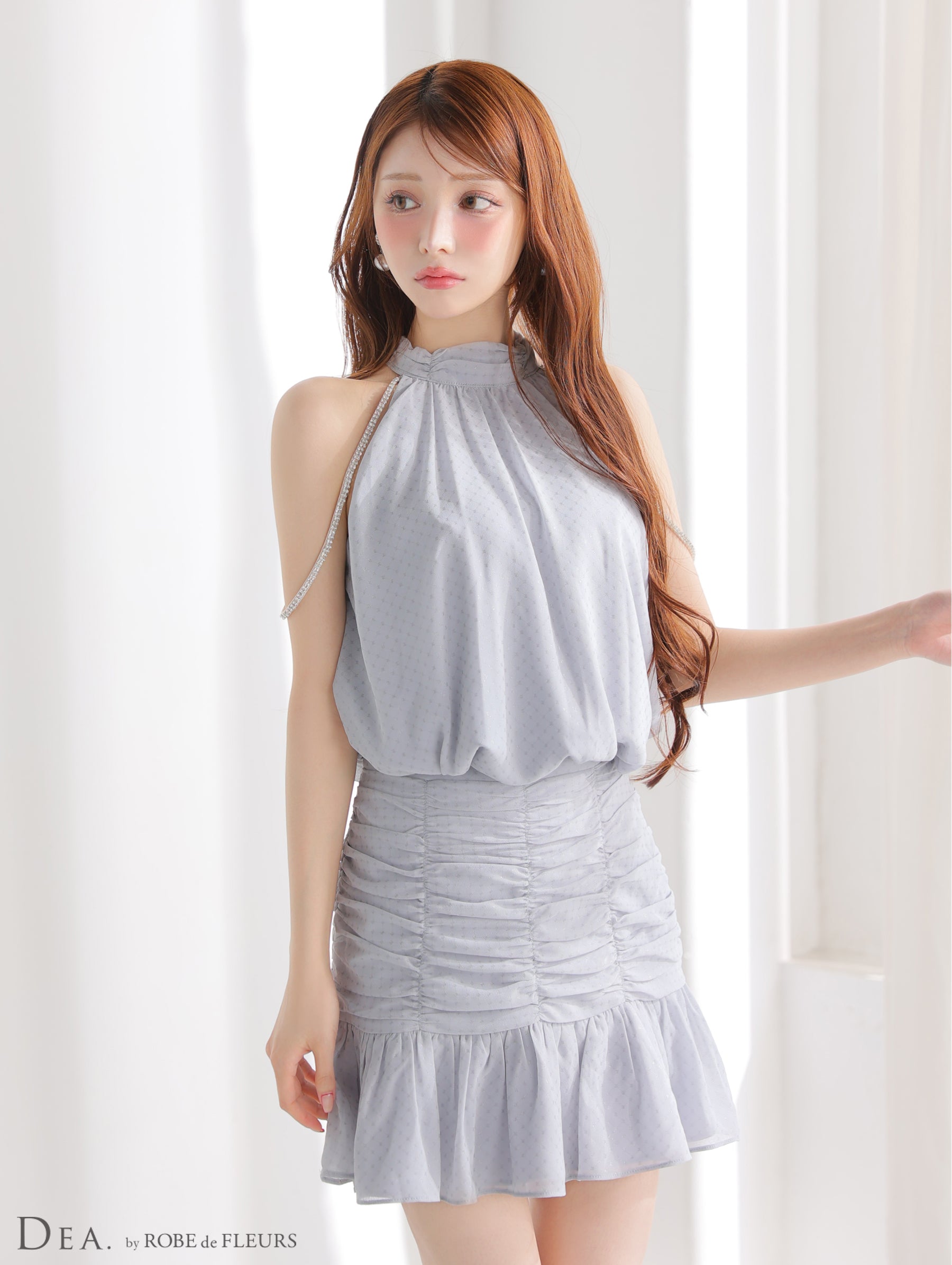【XS～Lサイズあり】ドットシフォンホルターネックフレアミニキャバドレス(DE3392)