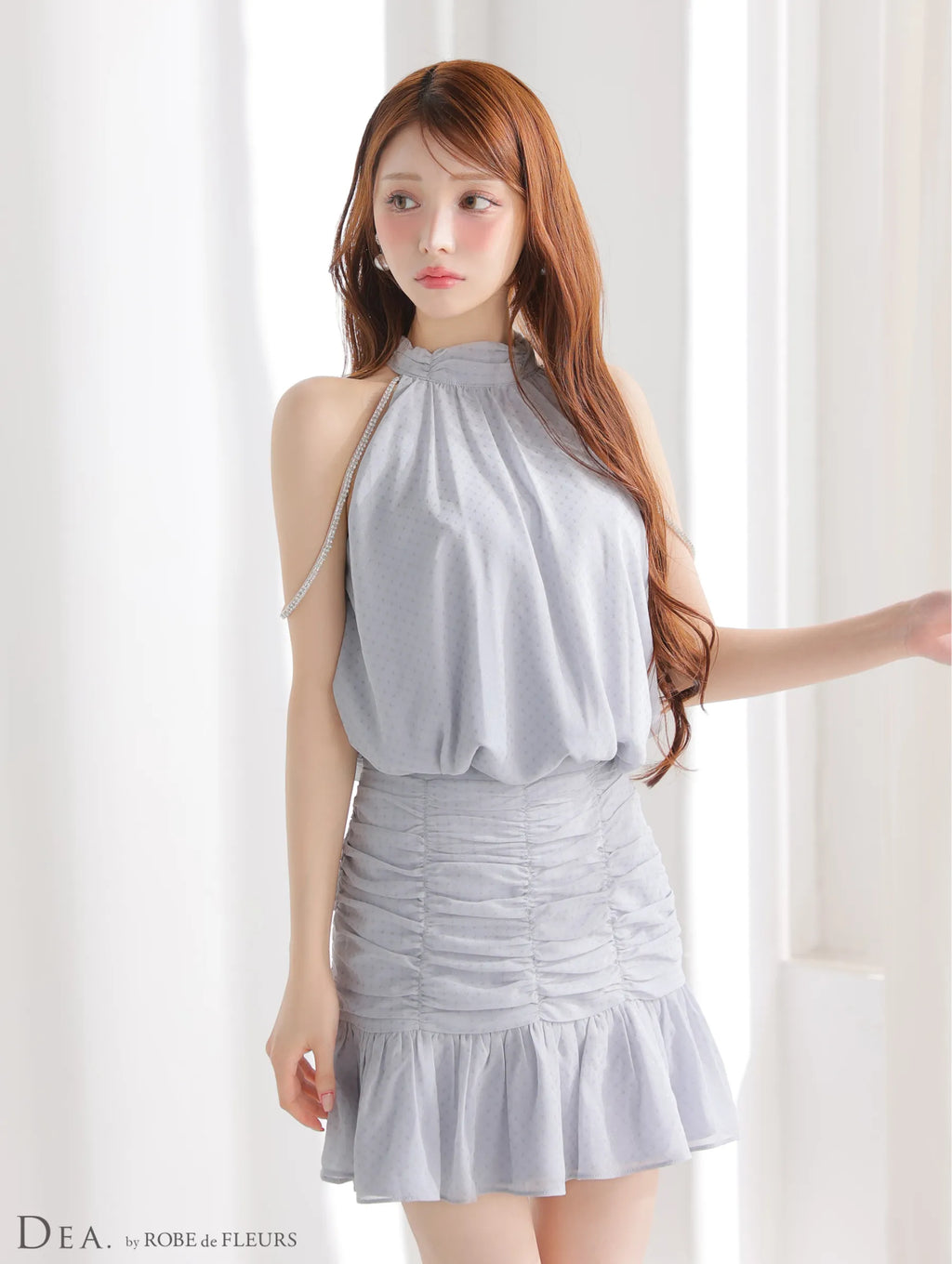 ドットシフォンホルターネックフレアミニキャバドレス(DE3392)