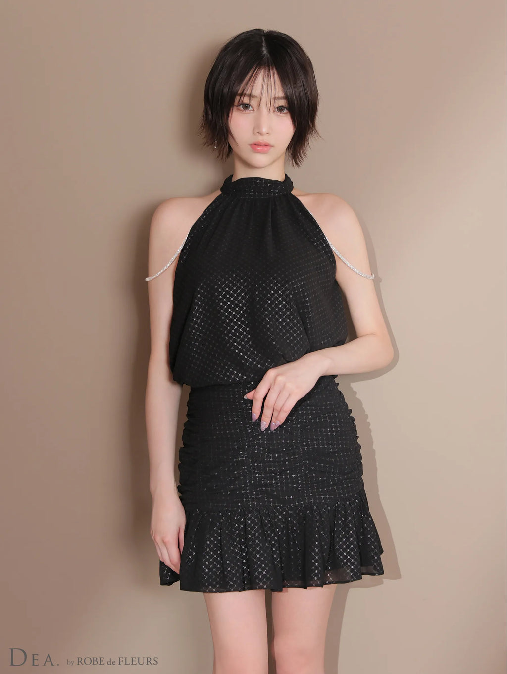 ドットシフォンホルターネックフレアミニキャバドレス(DE3392)