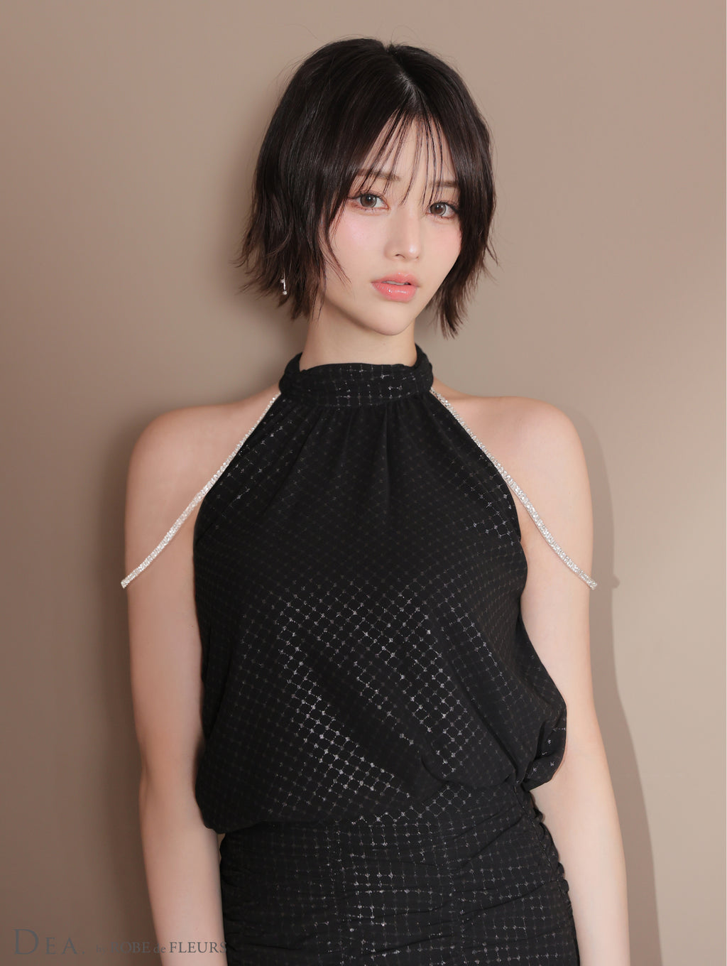 【XS～Lサイズあり】ドットシフォンホルターネックフレアミニキャバドレス(DE3392)