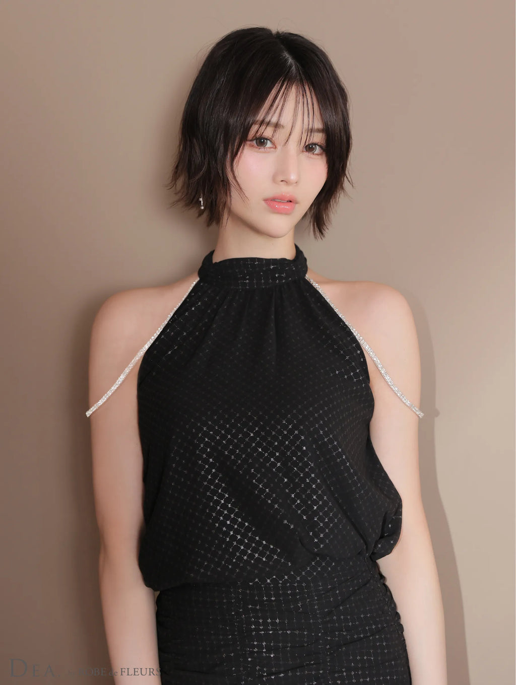 ドットシフォンホルターネックフレアミニキャバドレス(DE3392)