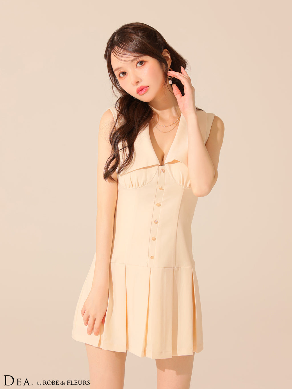 【Lサイズあり】ビッグカラーノースリーブプリーツフレアミニキャバドレス(DE3395)