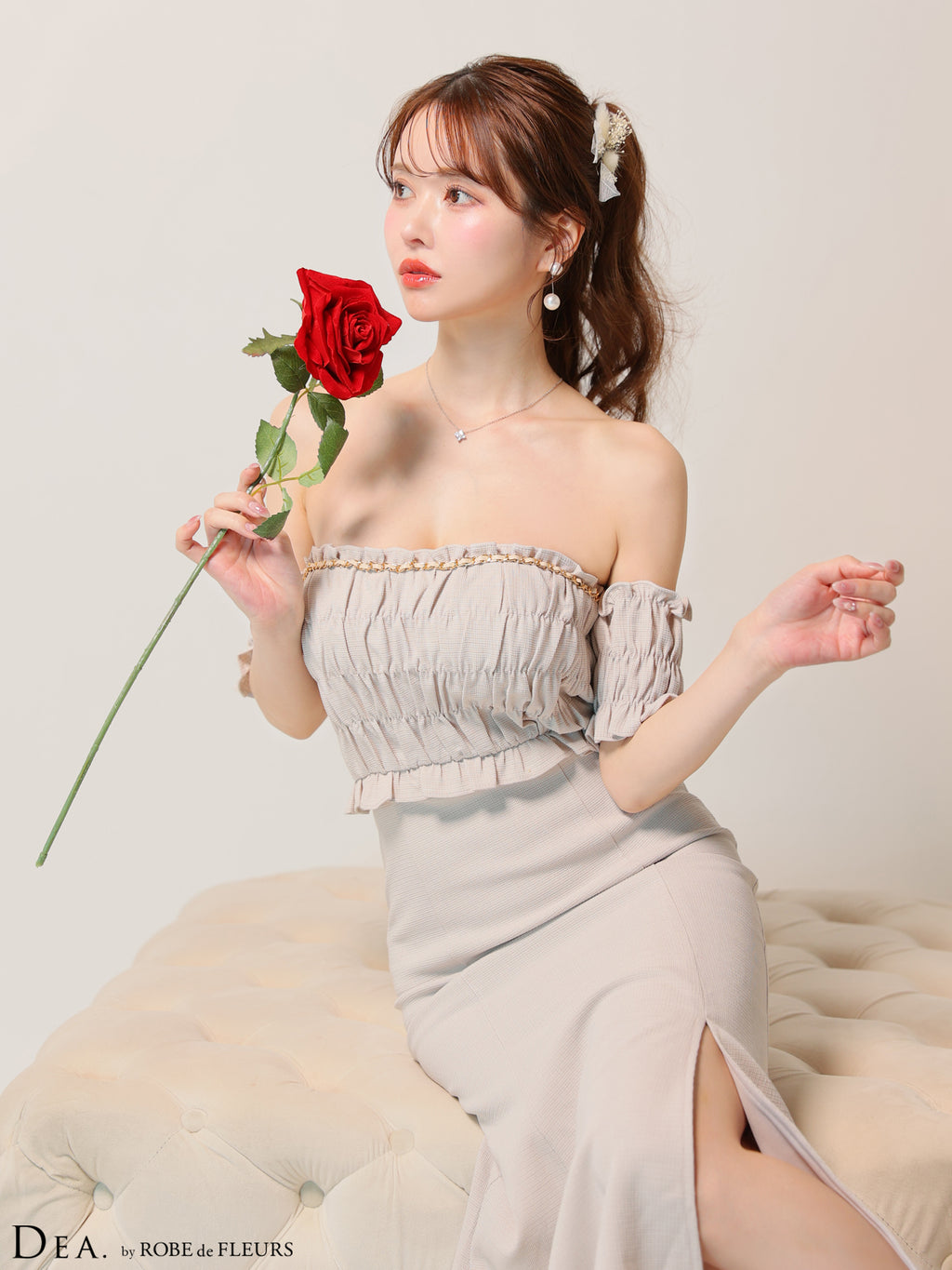 【Lサイズあり】トップギャザーオフショルロングキャバドレス(DE3419)