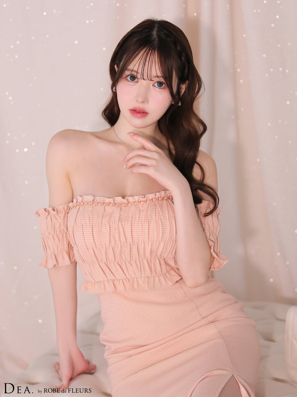 【Lサイズあり】トップギャザーオフショルロングキャバドレス(DE3419)