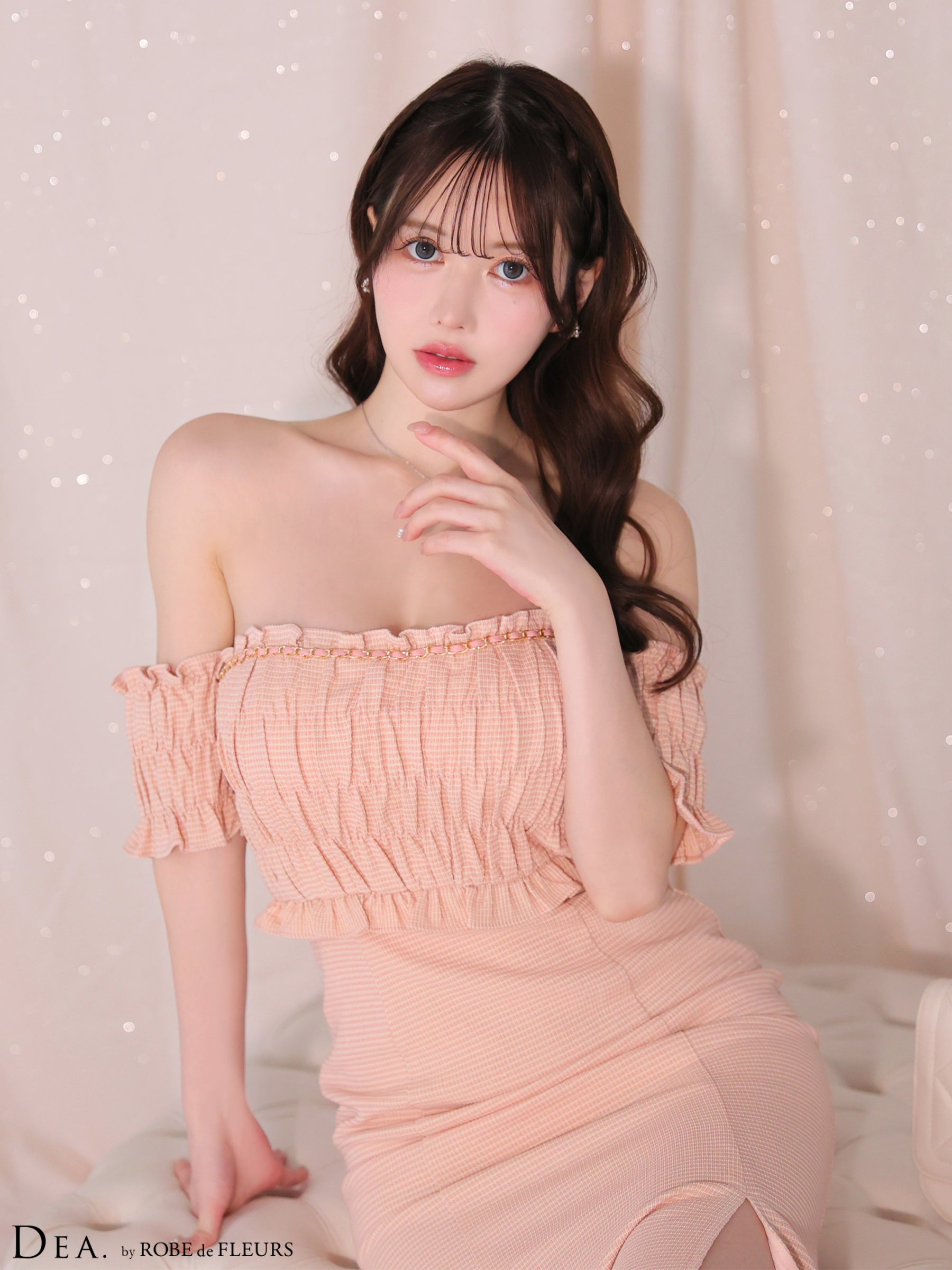 【Lサイズあり】トップギャザーオフショルロングキャバドレス(DE3419)
