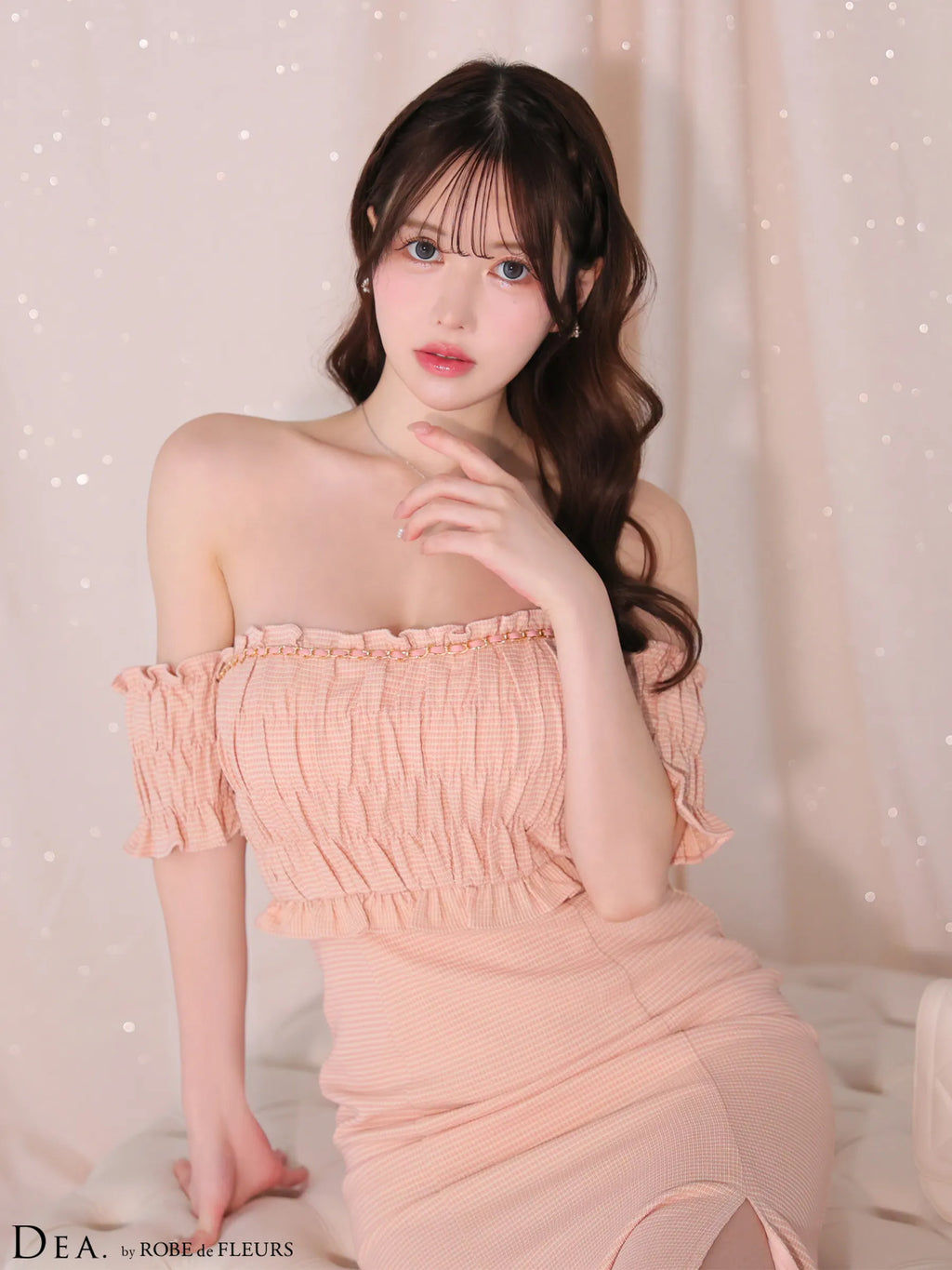 トップギャザーオフショルロングキャバドレス(DE3419)