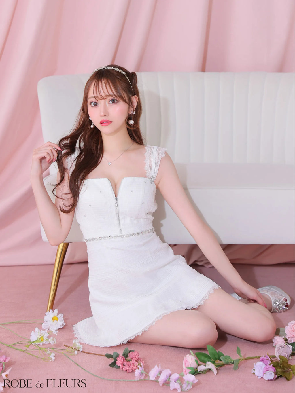 肩レース×ウエストビジューフレアミニキャバドレス(fm3425)